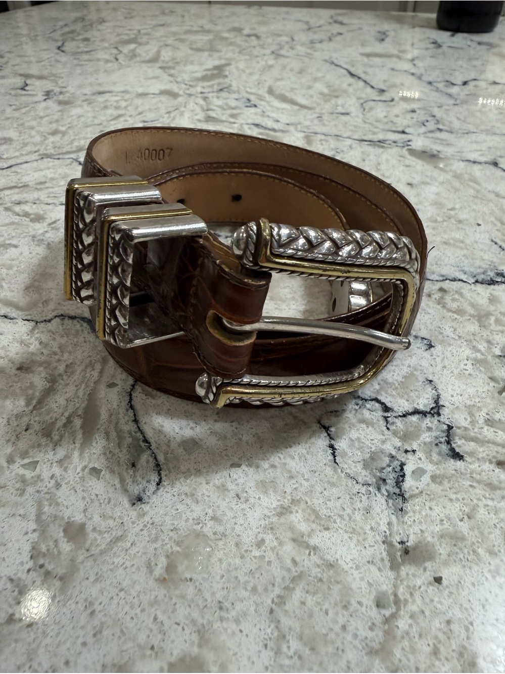 Brighton Vintage Brown Croc Embossed Leather Belt Silver Gold Western Buckle